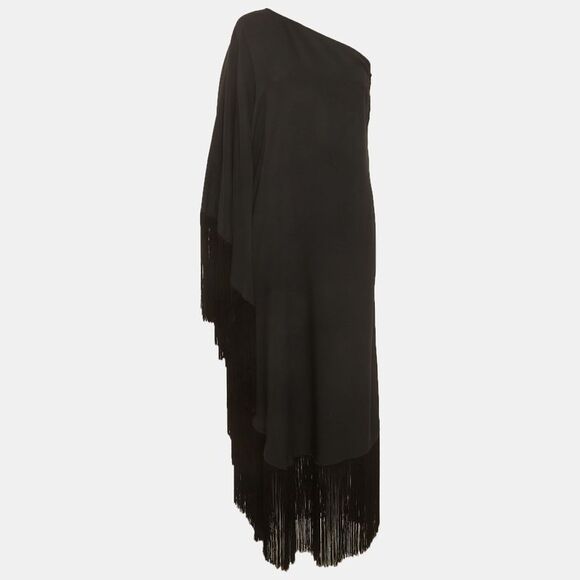 Taller Marmo Dresses & Skirts - Taller Marmo Black Crepe Fringed One Shoulder Midi Dress M